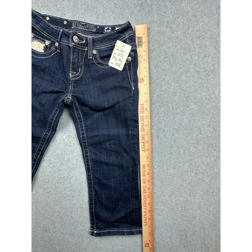 Miss Me Girls Dark Wash Denim Capri Jeans Rhinestone Lace JK6166P Size 10/12